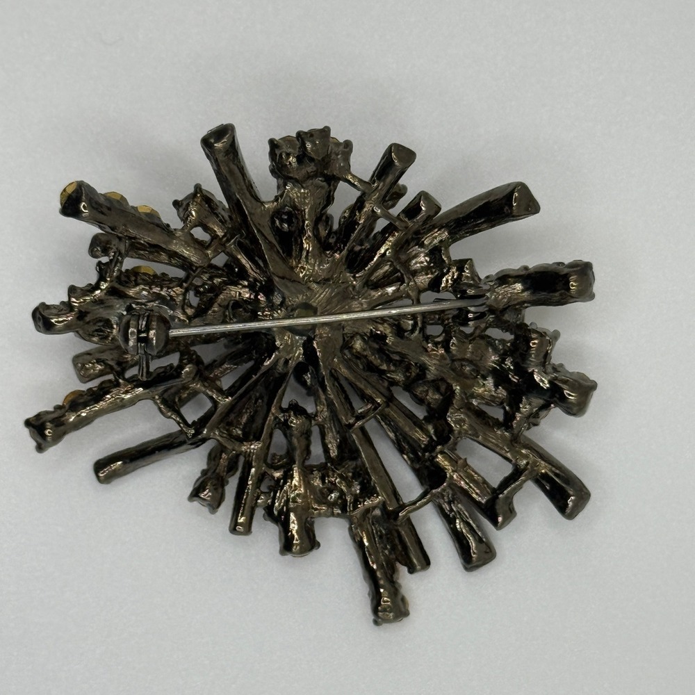 Vintage Amber Topaz Rhinestone Starburst Sparkle Brooch Gunmetal Sunburst Pin - Picture 8 of 10